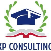A blue graduation cap above an open book with green leaves and the words XP Consulting.
